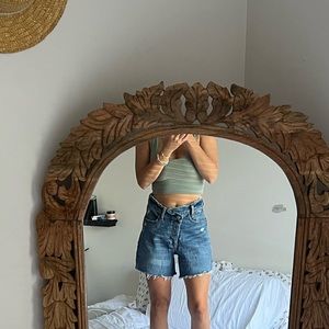 Worn once. Abercrombie & Fitch asymmetrical button up jean shorts.